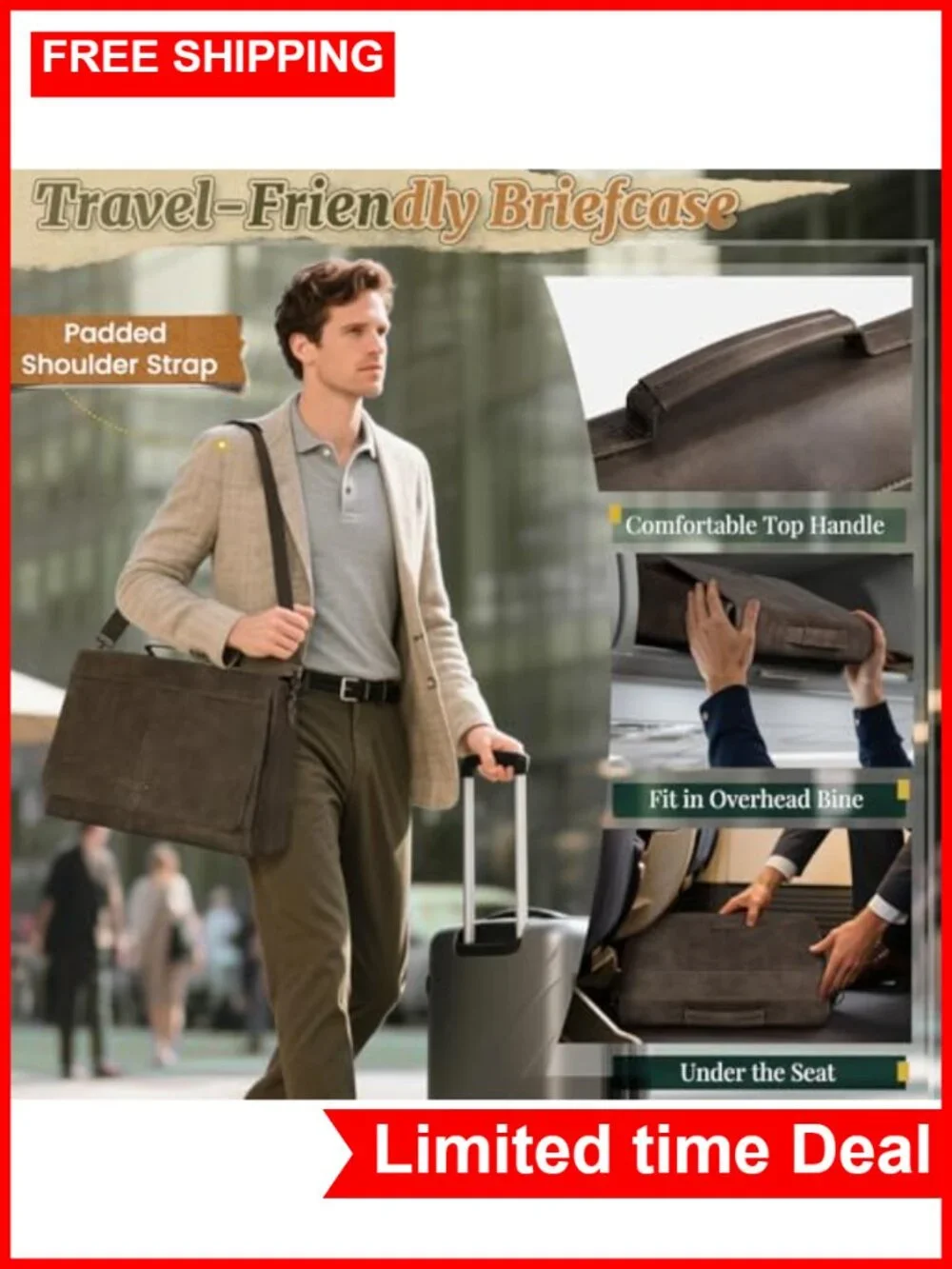 Vintage PU Leather Laptop Messenger Bag 15.6 Briefcase